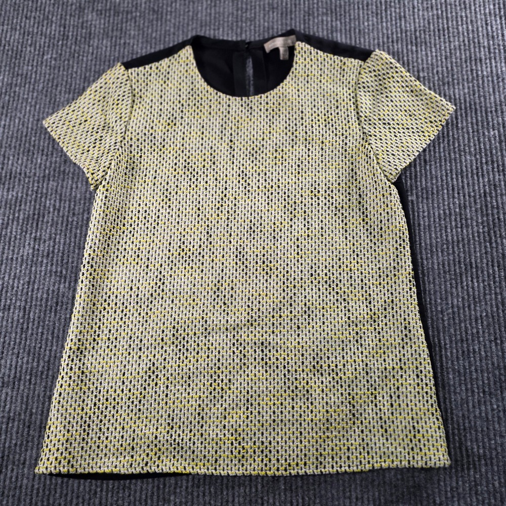 Banana Republic Womens XS Petite Tweed Front Short‎ Sleeve Blouse Yellow Black